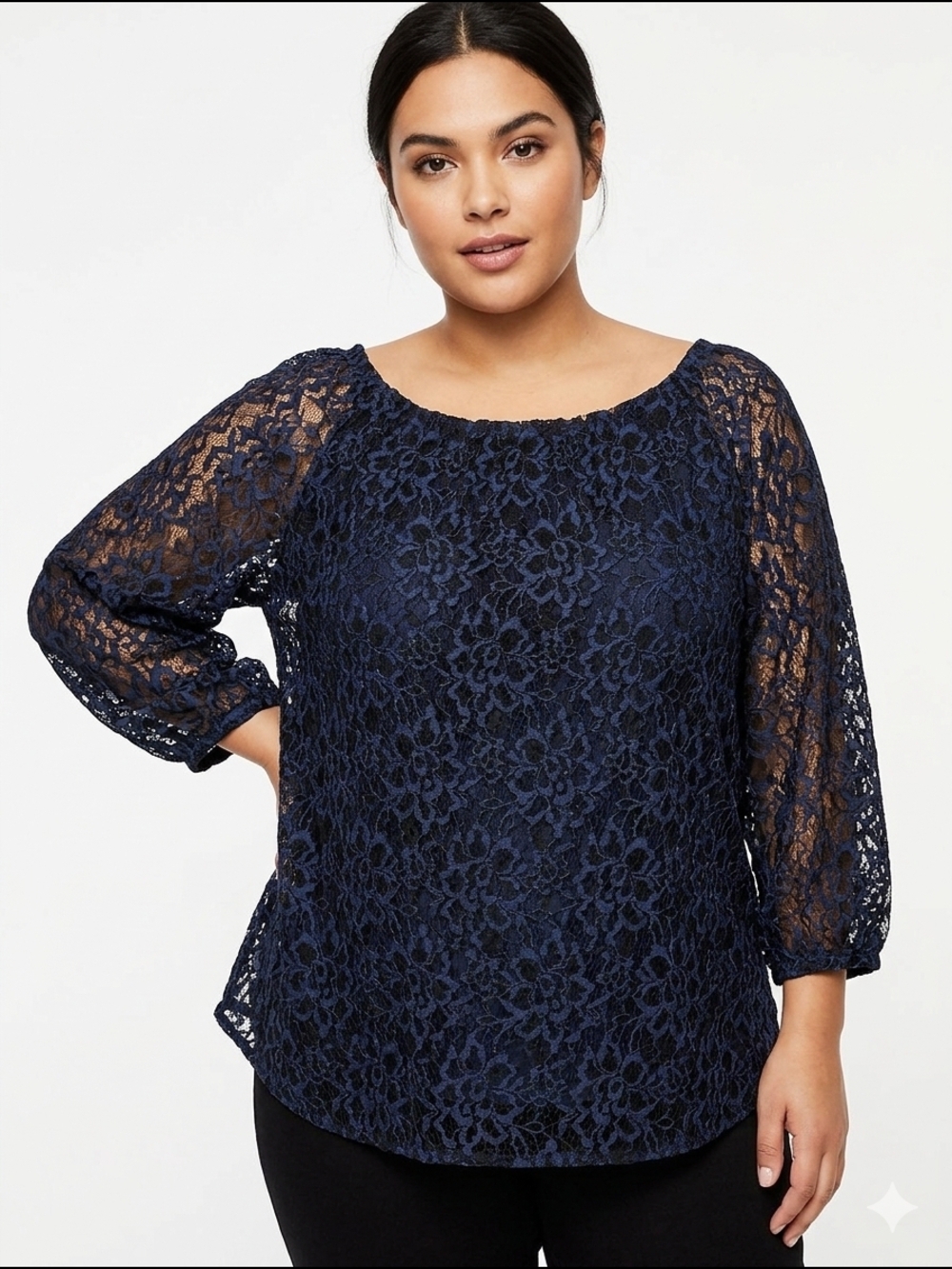 LOFT Navy Floral Lace Peasant Blouse